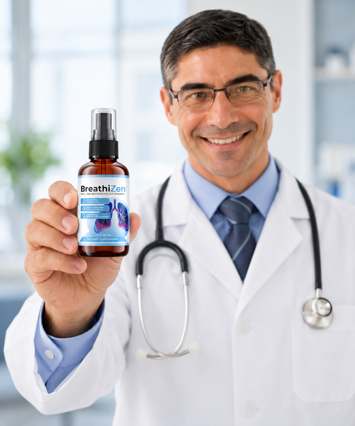 Doctor presenting BreathiZen respiratory spray