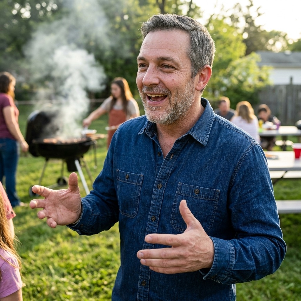 Man wearing a blue denim shirt at an outdoor family gathering