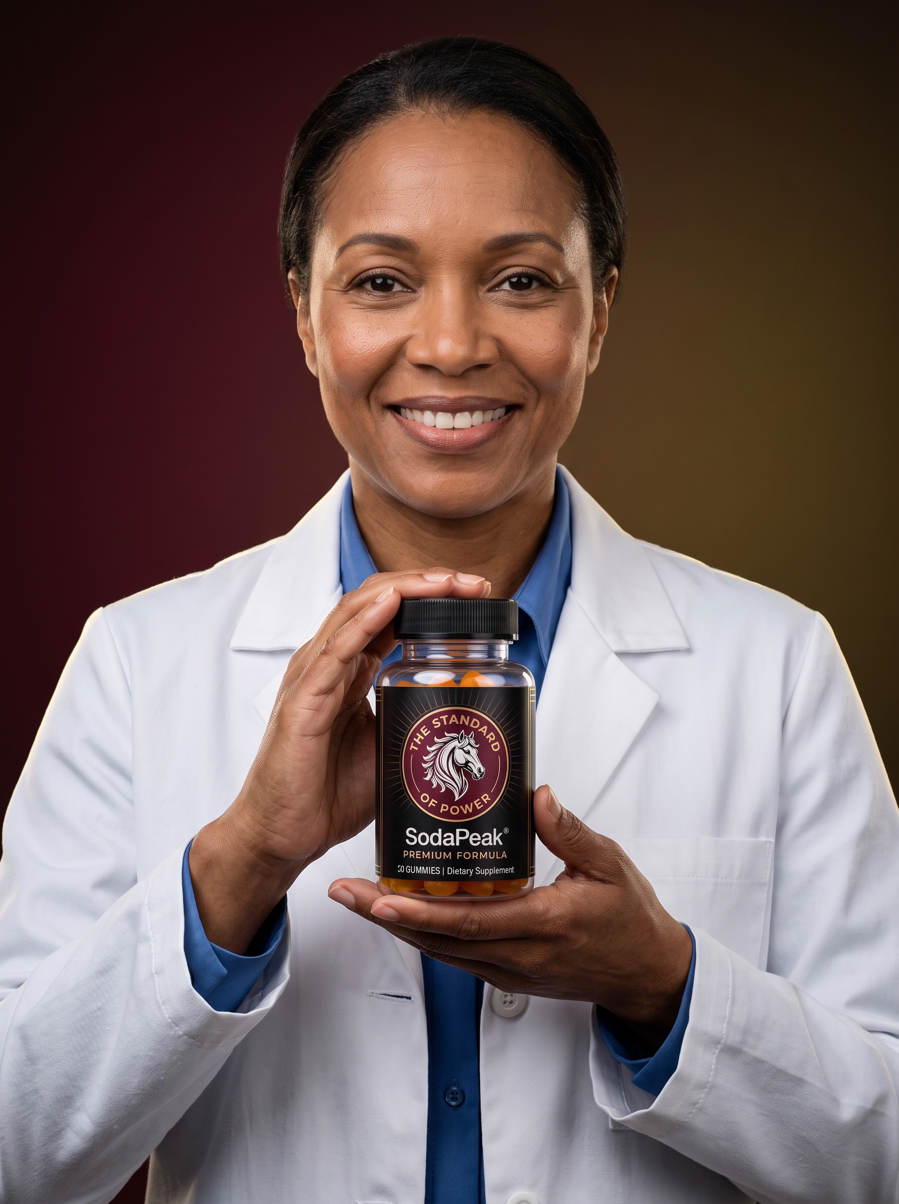 Woman in a white medical coat holding a SodaPeak supplement bottle